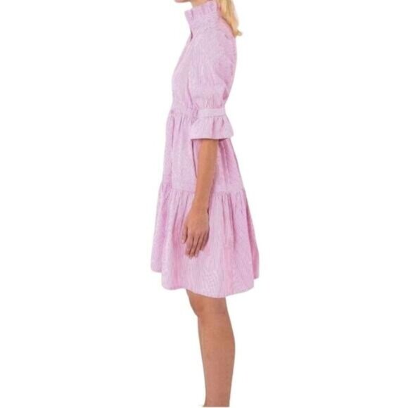 Gretchen Scott Teardrop Pink Stripe Poly Dress Women's Size Medium Ruffle Tiered - Picture 7 of 8